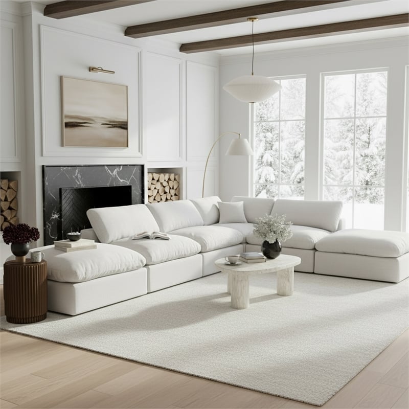 Pemberly Row 6-Pc Modular Sectional Sofa in White Linen Textured Fabric