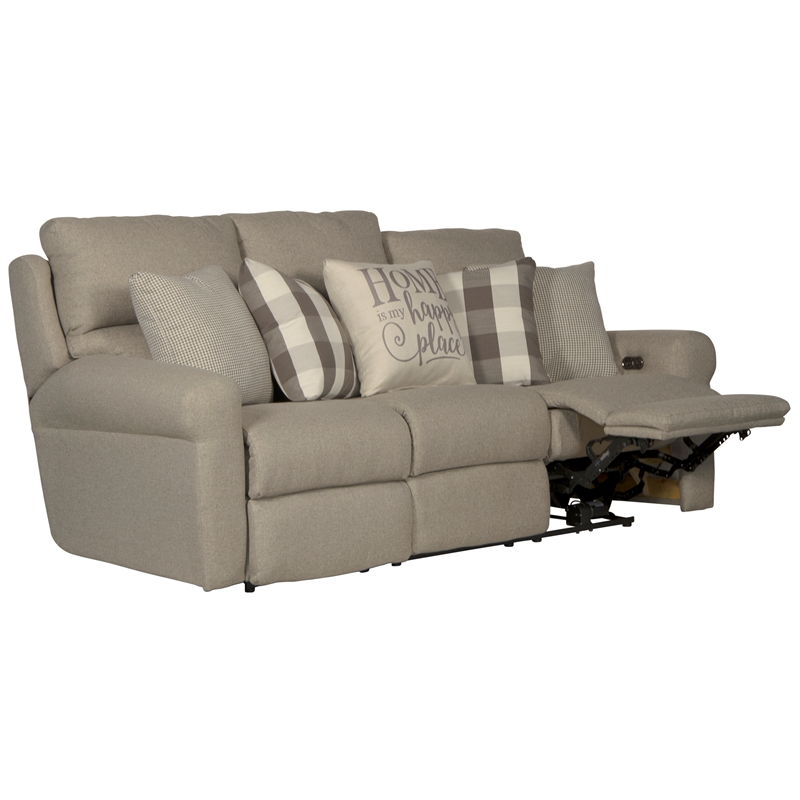 Pemberly Row Power Lay Flat Reclining Sofa in Gray Fabric with USB Ports