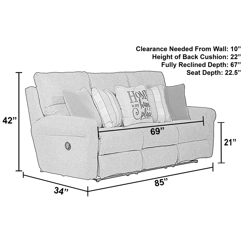 Pemberly Row Power Lay Flat Reclining Sofa in Gray Fabric with USB Ports