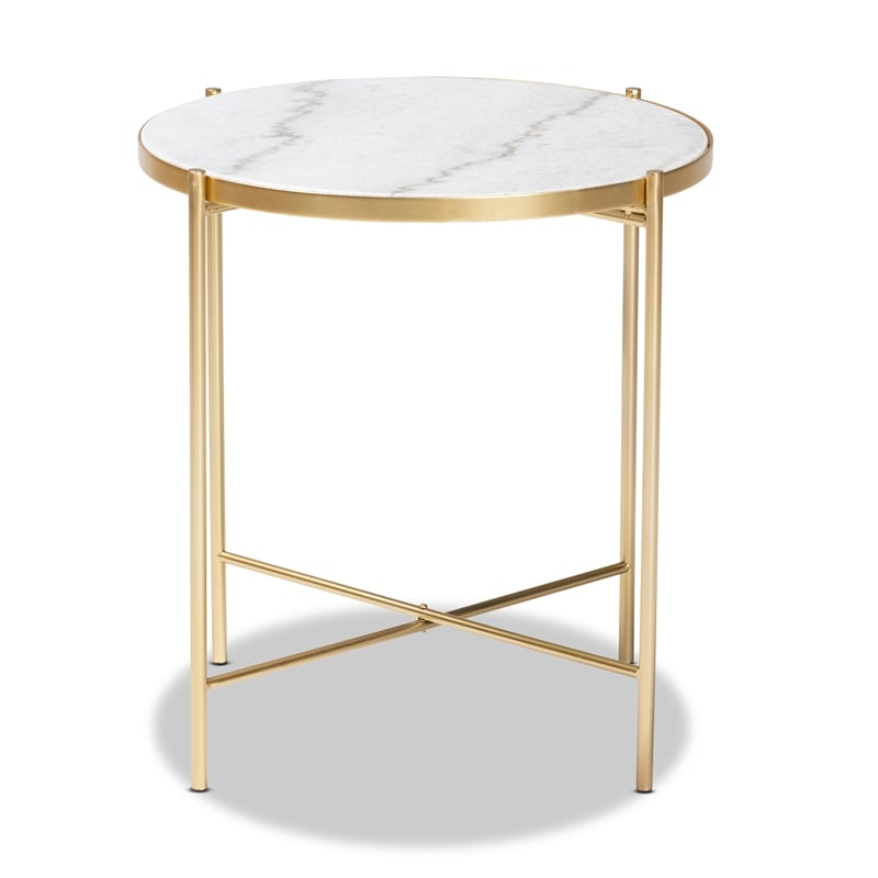 Pemberly Row Contemporary Gold Metal End Table with Round Marble Top