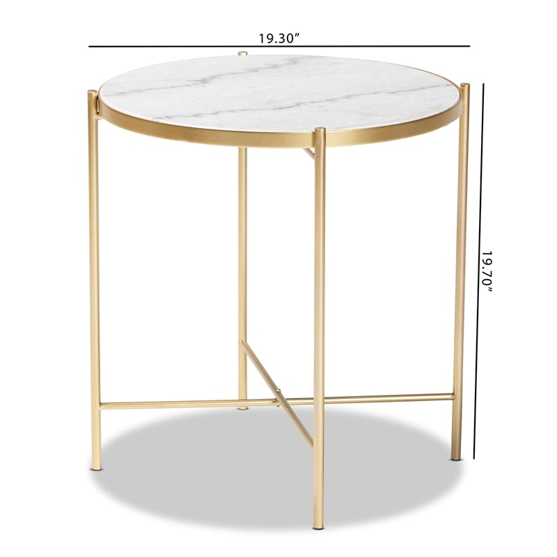 Pemberly Row Contemporary Gold Metal End Table with Round Marble Top