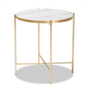 Pemberly Row Contemporary Gold Metal End Table with Round Marble Top
