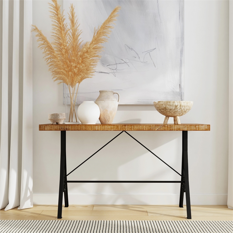Pemberly Row Croyden Wood Console Table with Iron Base in Brown/Black