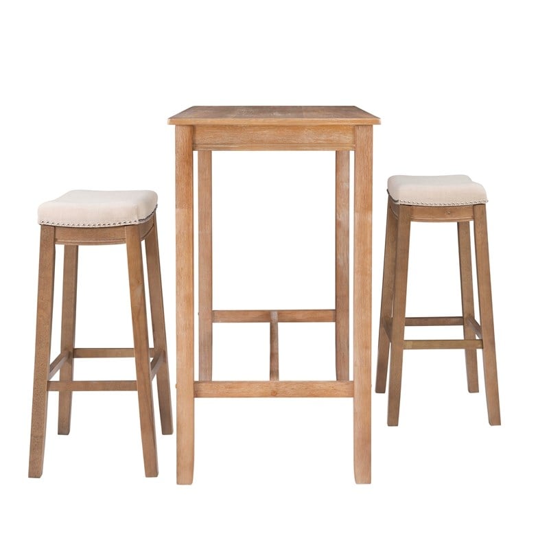 Pemberly Row 3-Piece Bar Dining Set with Upholstered Seats in Natural Brown
