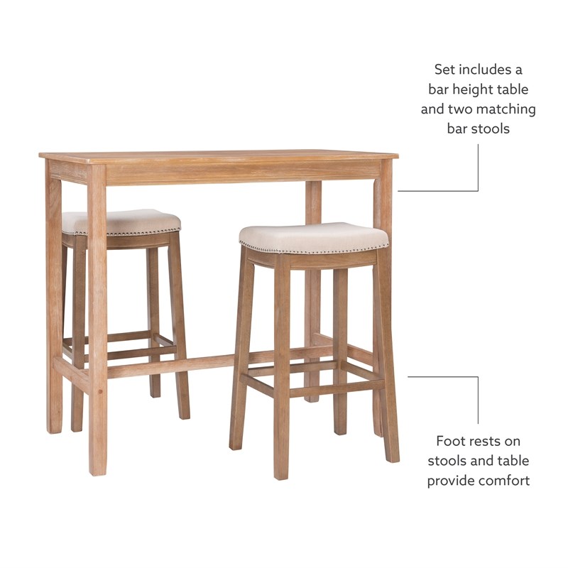 Pemberly Row 3-Piece Bar Dining Set with Upholstered Seats in Natural Brown