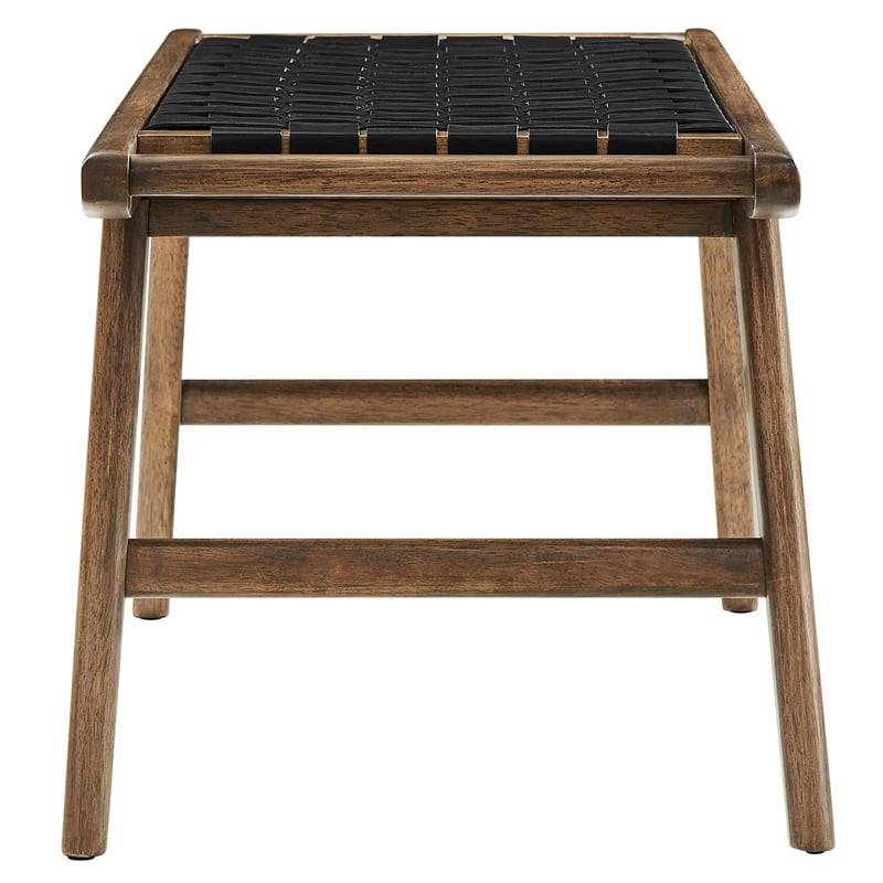 Pemberly Row Leather & Wood Bench with Woven Black Design in Walnut