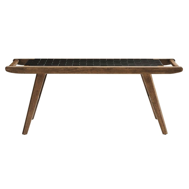 Pemberly Row Leather & Wood Bench with Woven Black Design in Walnut