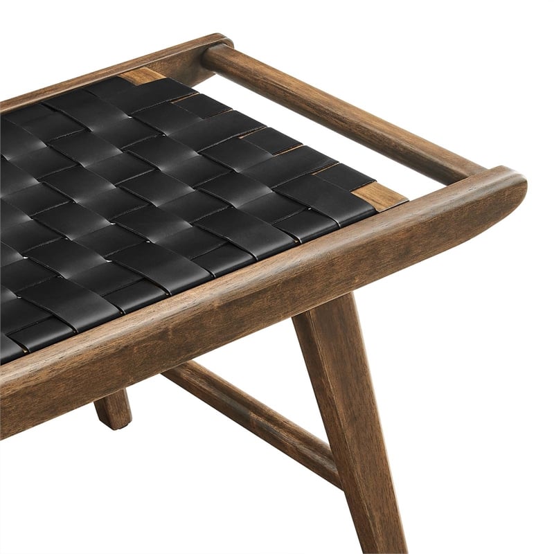 Pemberly Row Leather & Wood Bench with Woven Black Design in Walnut