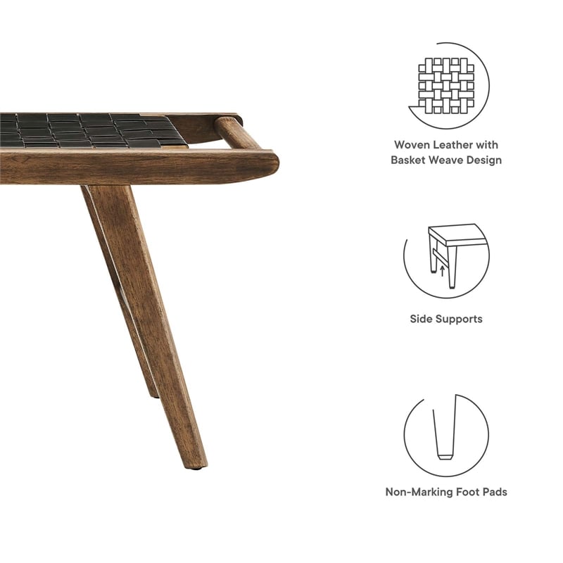 Pemberly Row Leather & Wood Bench with Woven Black Design in Walnut