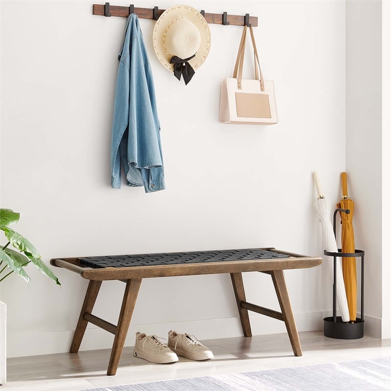 Pemberly Row Leather & Wood Bench with Woven Black Design in Walnut