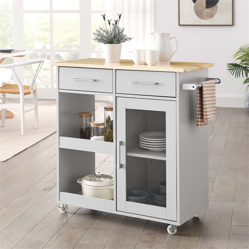 Pemberly Row Culinary Kitchen Cart with Towel Bar in Light Gray/Natural