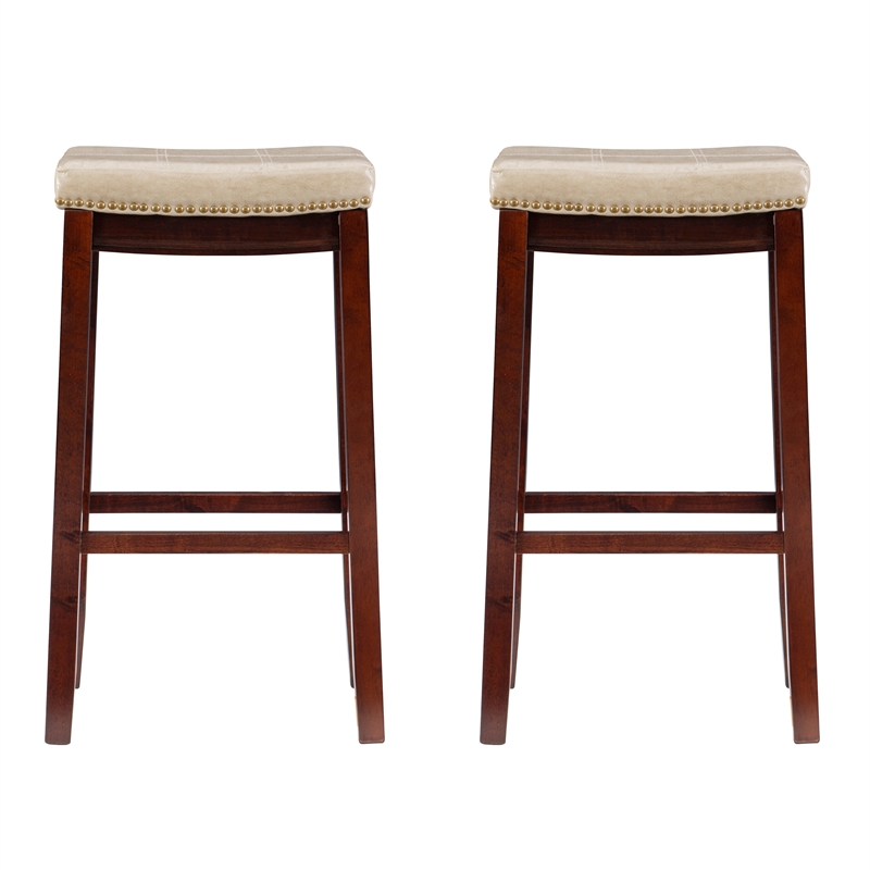 Pemberly Row Set of 2 Bar Stools in Beige Faux Leather and Brown Wood