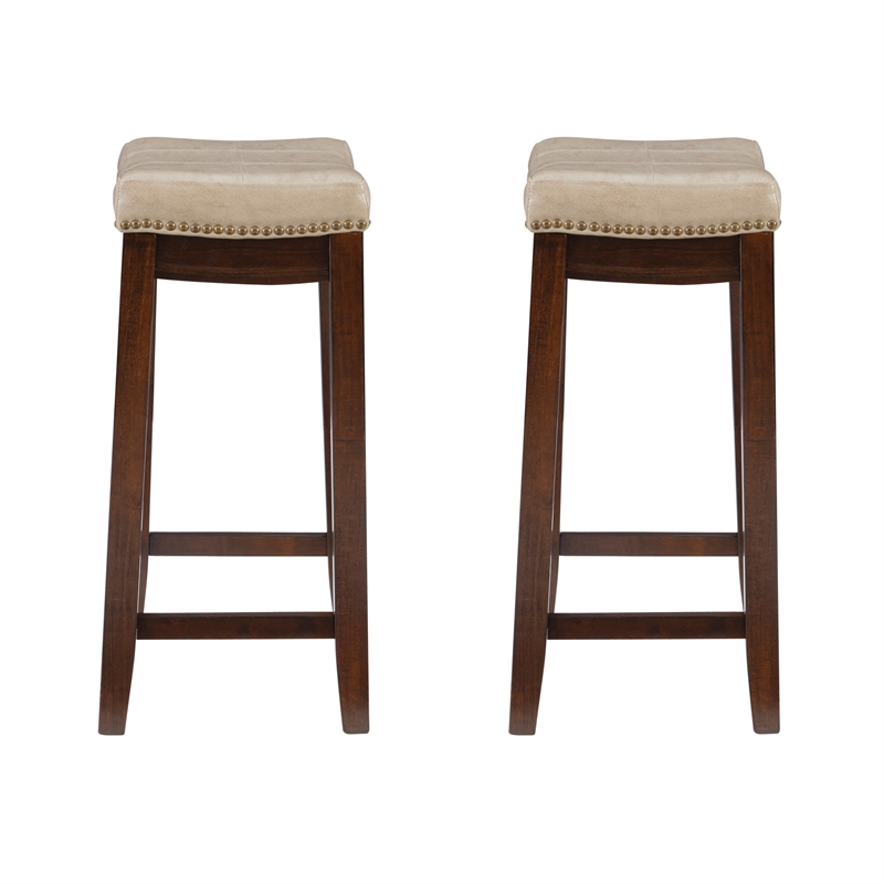 Pemberly Row Set of 2 Bar Stools in Beige Faux Leather and Brown Wood
