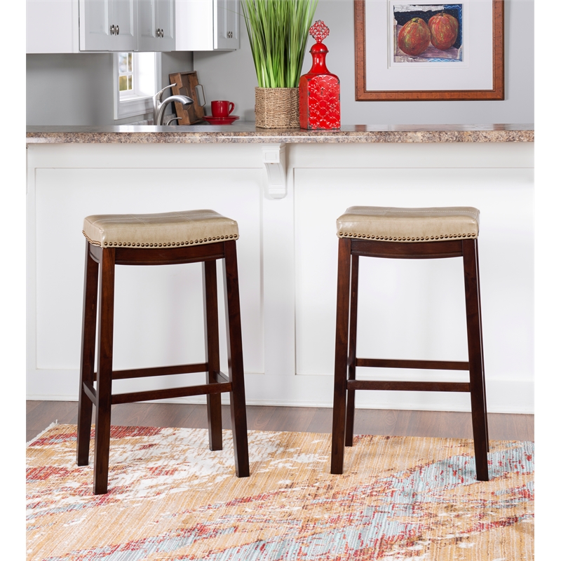 Pemberly Row Set of 2 Bar Stools in Beige Faux Leather and Brown Wood