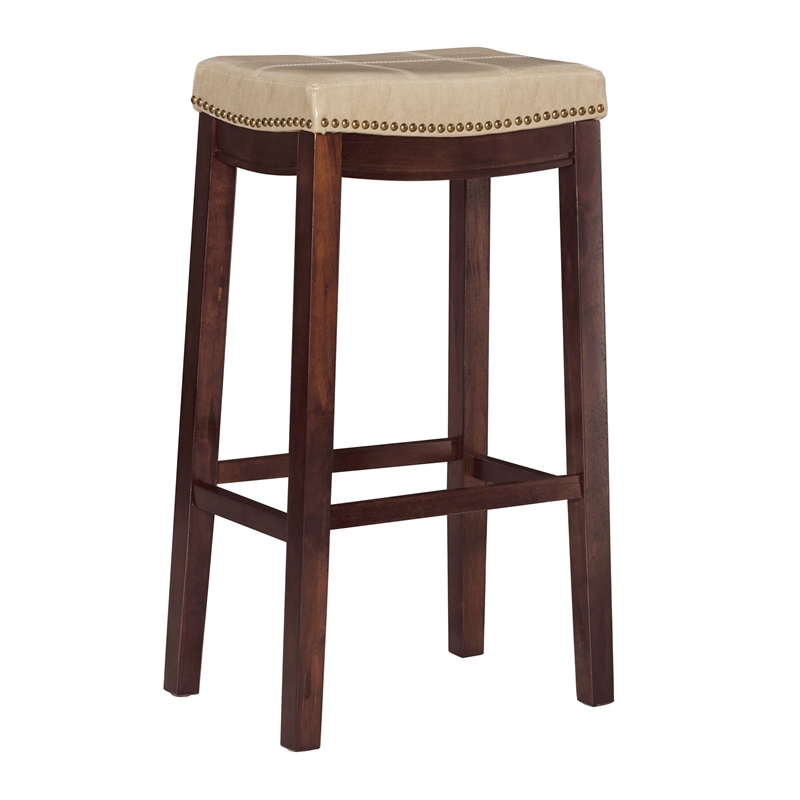 Pemberly Row Set of 2 Bar Stools in Beige Faux Leather and Brown Wood