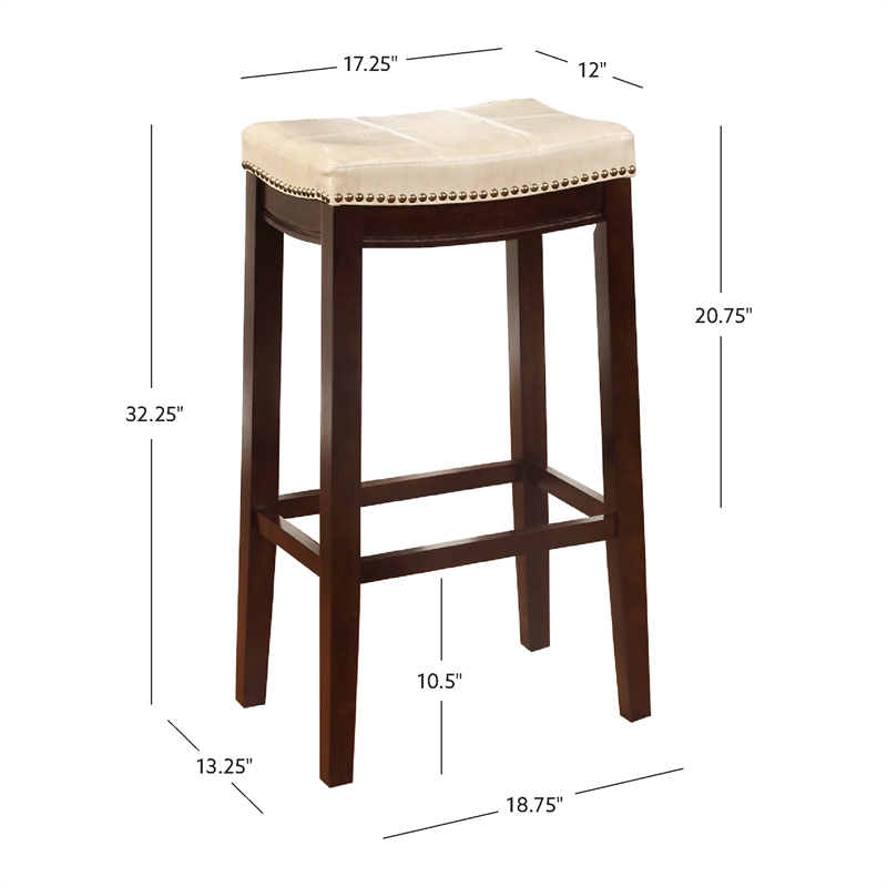 Pemberly Row Set of 2 Bar Stools in Beige Faux Leather and Brown Wood