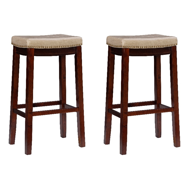 Pemberly Row Set of 2 Bar Stools in Beige Faux Leather and Brown Wood