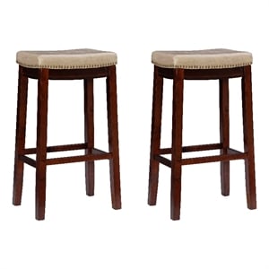 Pemberly Row Set of 2 Bar Stools in Beige Faux Leather and Brown Wood