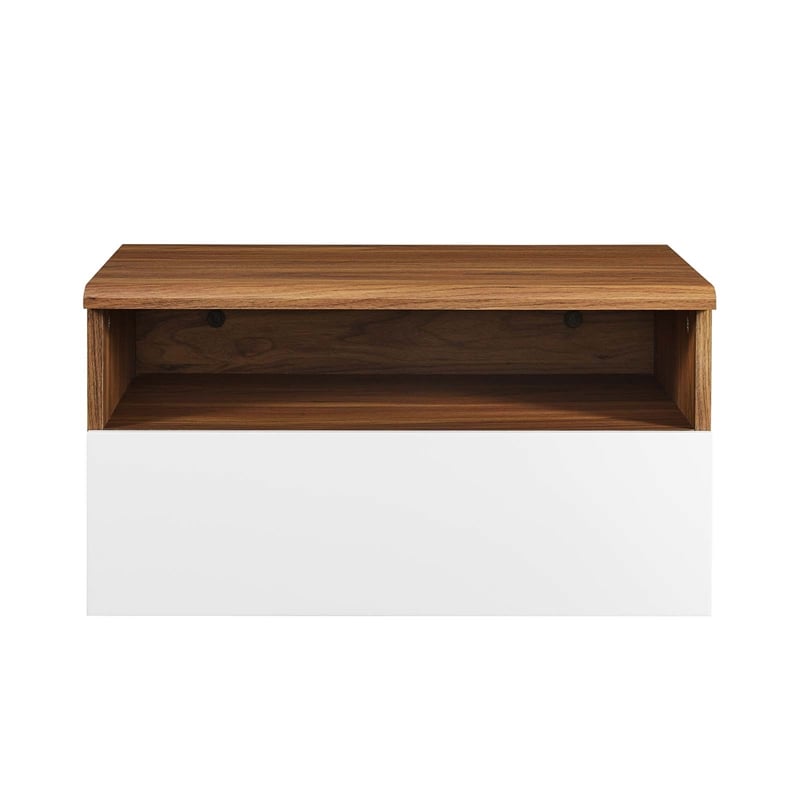 Pemberly Row 1-Shelf Wall-Mount Nightstand in Walnut and White Laminate