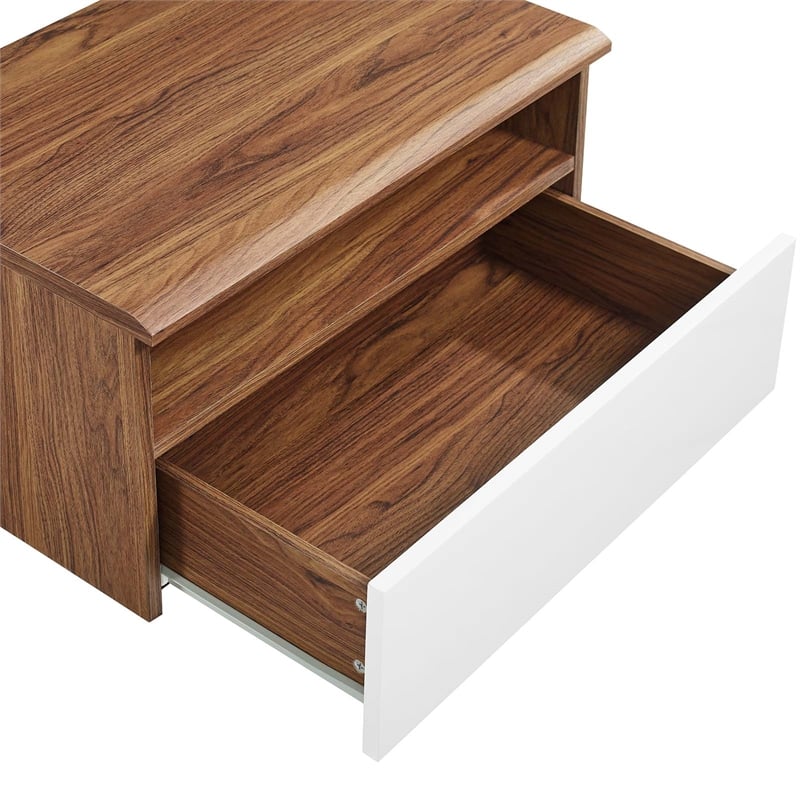 Pemberly Row 1-Shelf Wall-Mount Nightstand in Walnut and White Laminate
