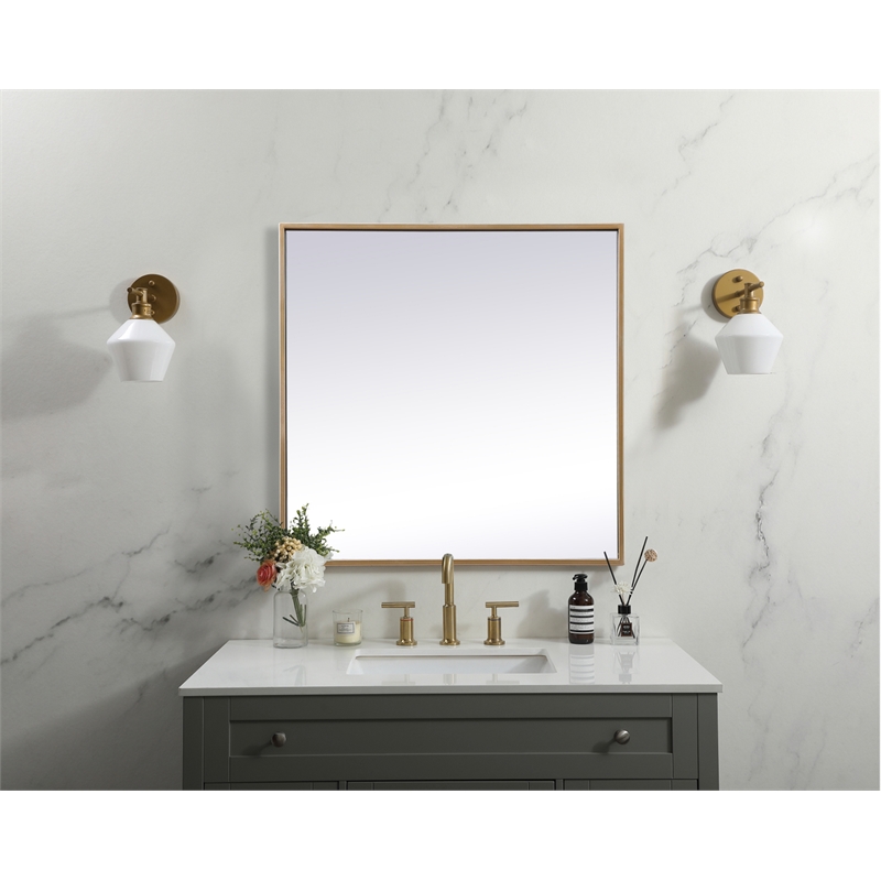 Pemberly Row Square Modern Vanity Mirror in Metal and MDF Brass Finish