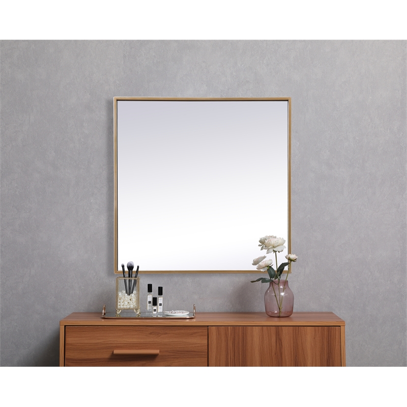 Pemberly Row Square Modern Vanity Mirror in Metal and MDF Brass Finish