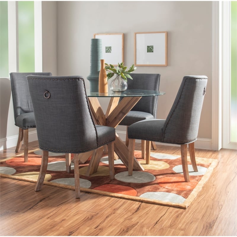 Pemberly Row 5-Piece Dining Set with Round Glass Table and Acacia Base