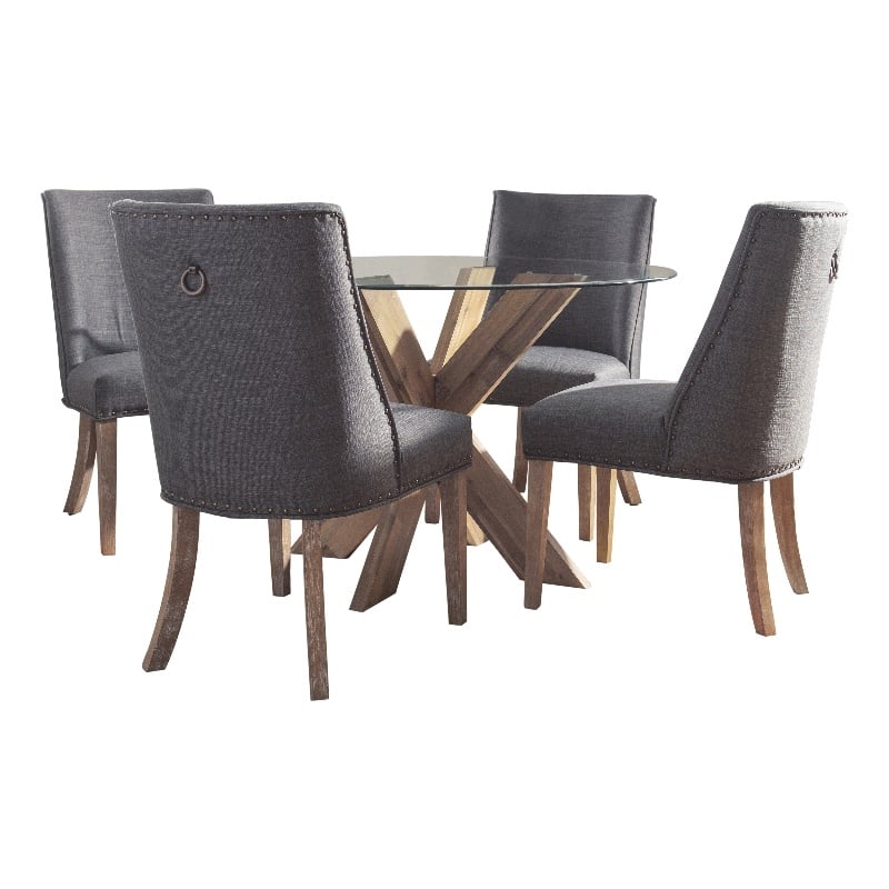 Pemberly Row 5-Piece Dining Set with Round Glass Table and Acacia Base