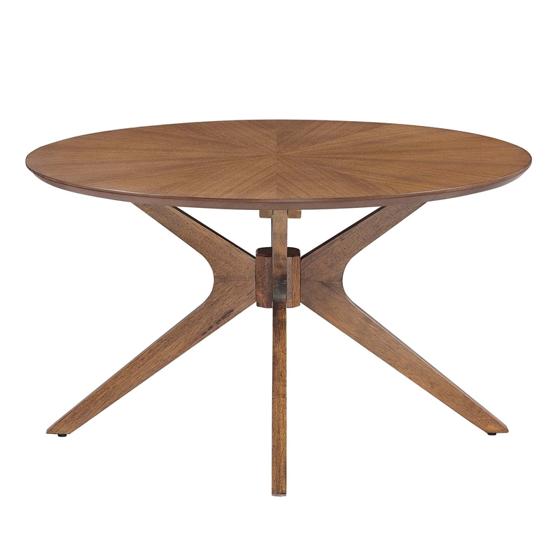 Pemberly Row Round Wooden Coffee Table with Intersecting Legs in Walnut
