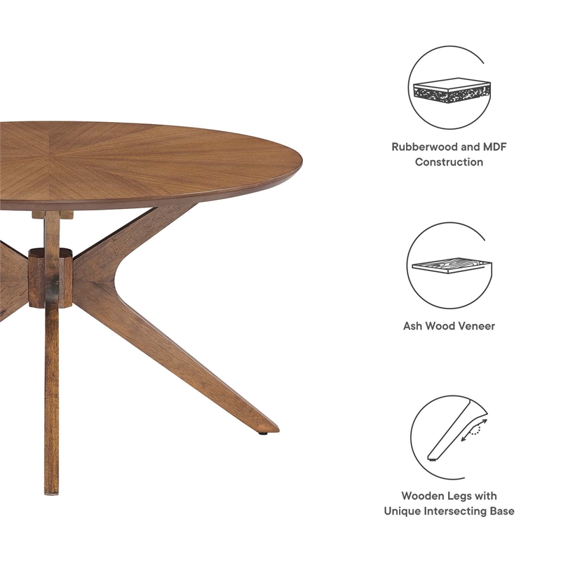 Pemberly Row Round Wooden Coffee Table with Intersecting Legs in Walnut
