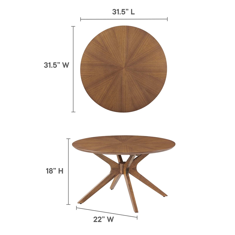 Pemberly Row Round Wooden Coffee Table with Intersecting Legs in Walnut
