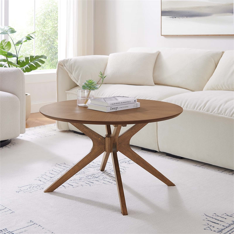 Pemberly Row Round Wooden Coffee Table with Intersecting Legs in Walnut
