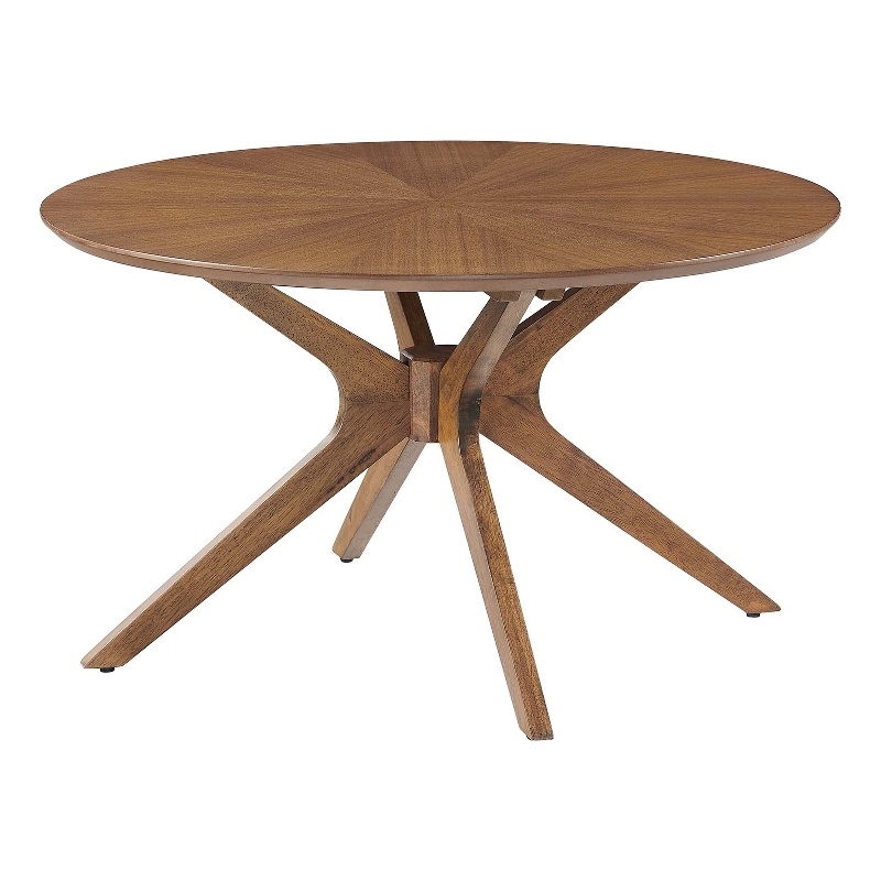 Pemberly Row Round Wooden Coffee Table with Intersecting Legs in Walnut