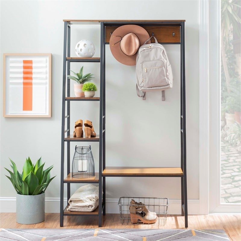 Pemberly Row Rustic Hall Tree with Shelving and Hooks in Black Finish