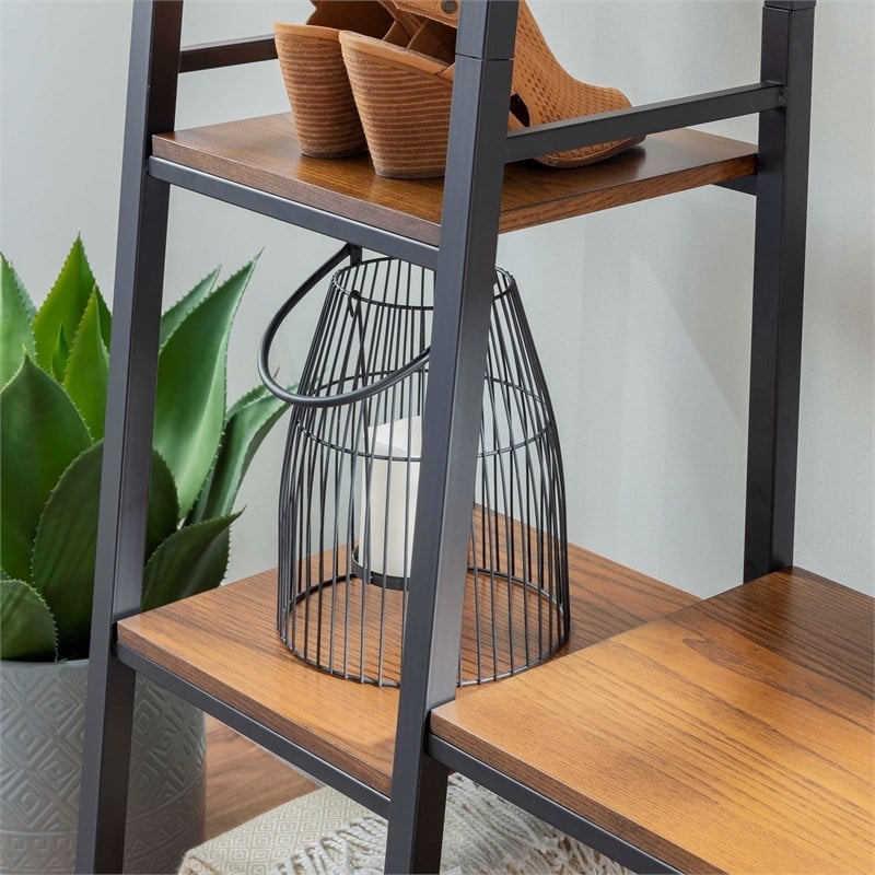 Pemberly Row Rustic Hall Tree with Shelving and Hooks in Black Finish