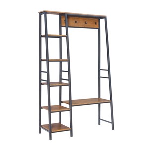 Pemberly Row Rustic Hall Tree with Shelving and Hooks in Black Finish