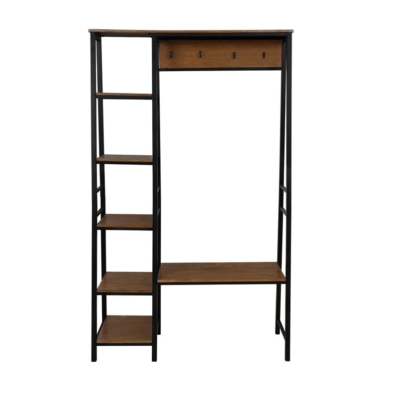Pemberly Row Rustic Hall Tree with Shelving and Hooks in Black Finish