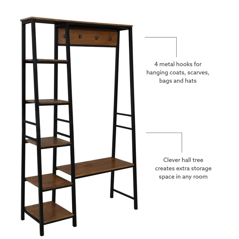 Pemberly Row Rustic Hall Tree with Shelving and Hooks in Black Finish