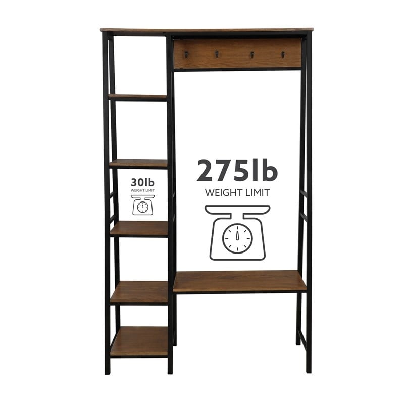 Pemberly Row Rustic Hall Tree with Shelving and Hooks in Black Finish