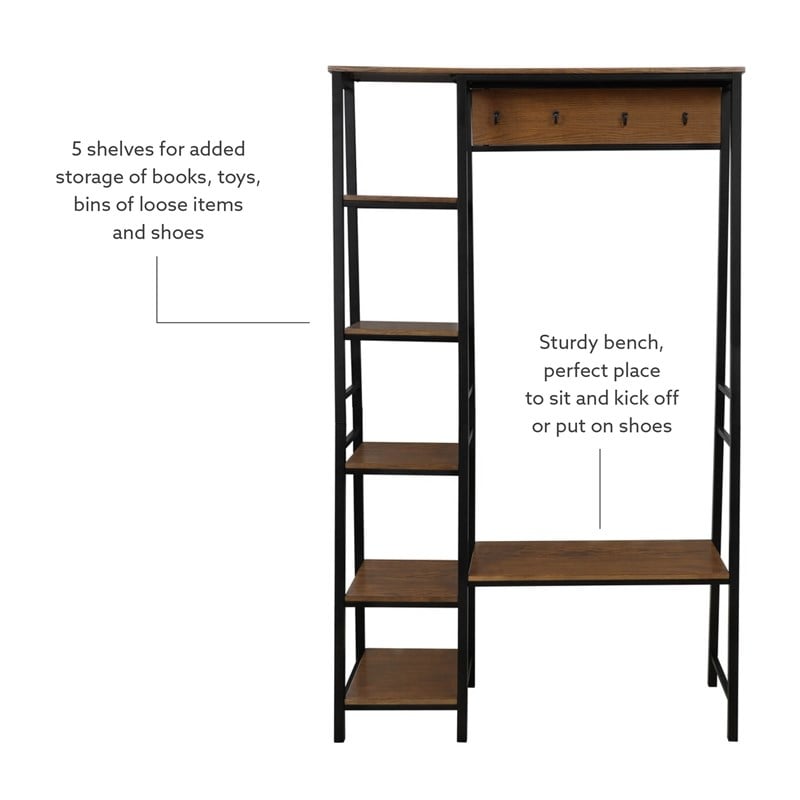 Pemberly Row Rustic Hall Tree with Shelving and Hooks in Black Finish
