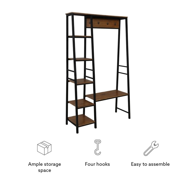 Pemberly Row Rustic Hall Tree with Shelving and Hooks in Black Finish