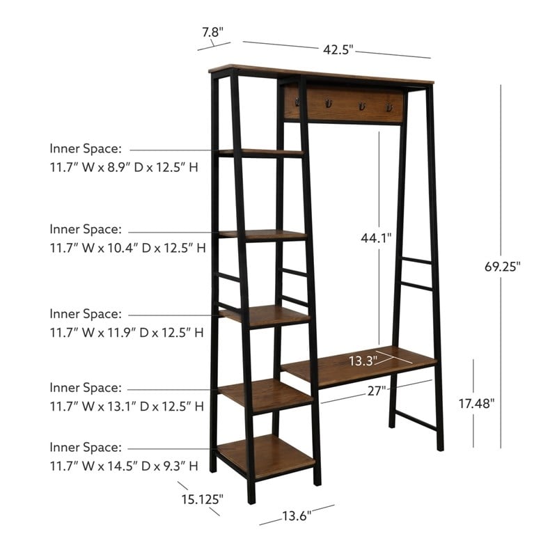 Pemberly Row Rustic Hall Tree with Shelving and Hooks in Black Finish