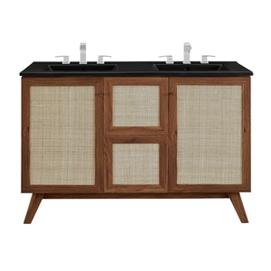 Pemberly Row 48&quot Walnut Double Sink Bathroom Vanity with Rattan Weave