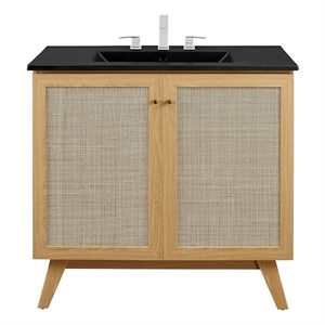 Pemberly Row 36&quot Oak Bathroom Vanity with Rattan Doors and Ceramic Sink