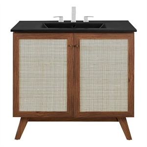 Pemberly Row 36&quot Walnut Bathroom Vanity with Adjustable Shelf and Rattan Door