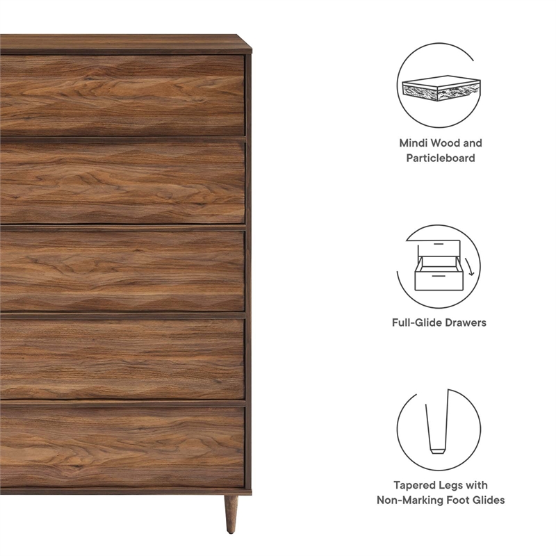 Pemberly Row 5-Drawer Wood Chest in Walnut Finish with Tapered Legs