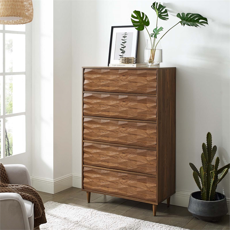 Pemberly Row 5-Drawer Wood Chest in Walnut Finish with Tapered Legs