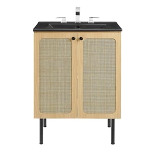 Pemberly Row 24&quot Wood Bathroom Vanity with Rattan Weave in Oak/Black