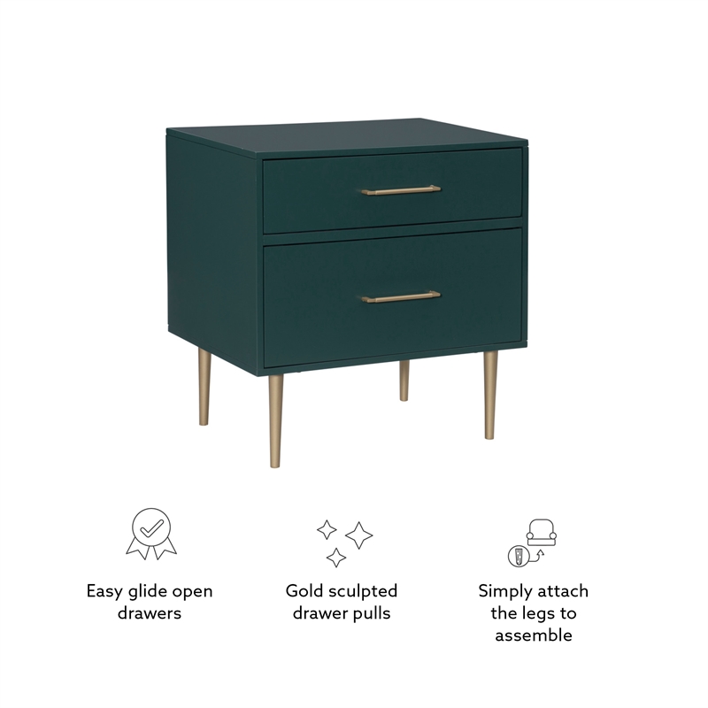 Pemberly Row Wooden Nightstand with Gold Accents in Dark Green Finish
