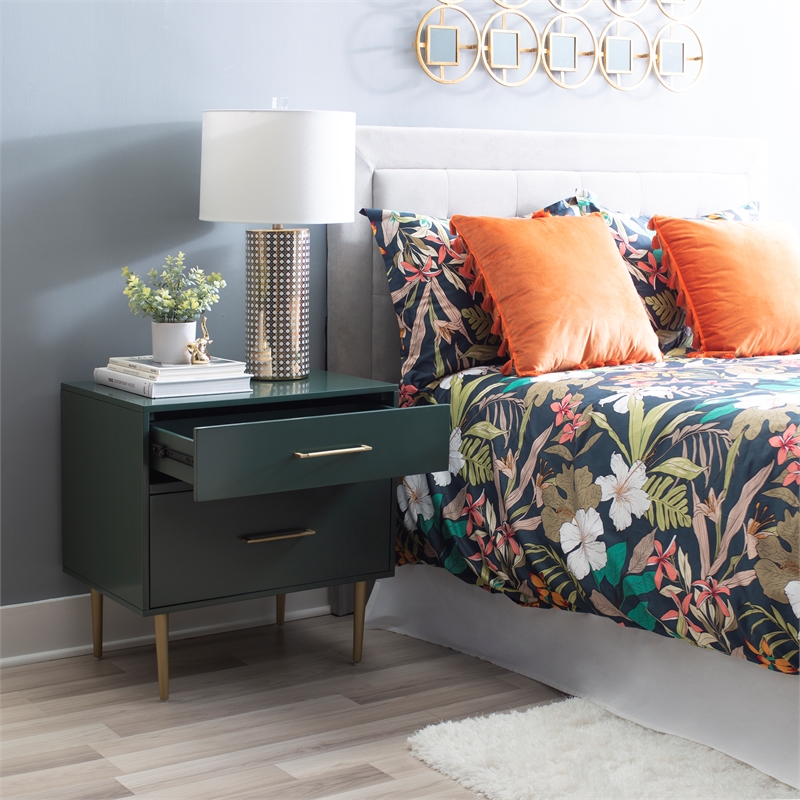 Pemberly Row Wooden Nightstand with Gold Accents in Dark Green Finish